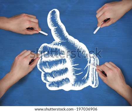 Composite image of multiple hands drawing thumbs up with chalk against navy blue