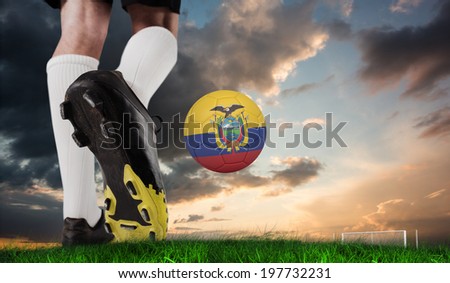 Composite image of football boot kicking ecuador ball against green grass under blue and orange sky