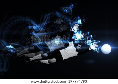 Goalkeeper in white making a save against abstract glowing black background