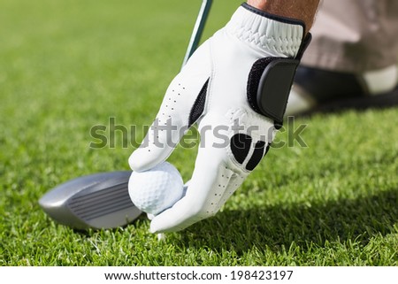 Golfer placing golf ball on tee on a sunny day at the golf course