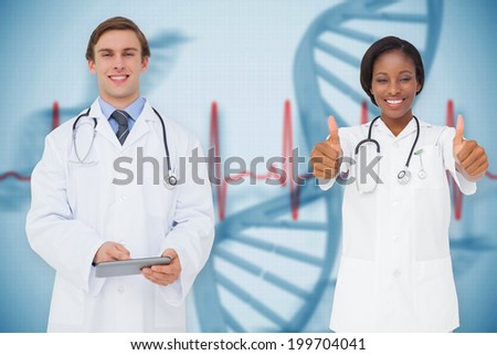 Composite image of happy medical team against blue medical background with dna and ecg