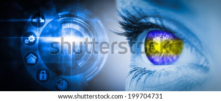 Green and yellow eye on blue face against black technology interface with glow