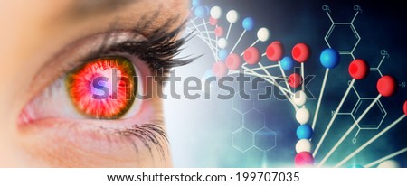 Red glowing eye looking ahead against blue dna strand with chemical structures