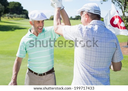 Golfing friends high fiving on the eighteenth hole on a sunny day at the golf course