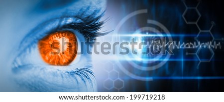 Orange eye on blue face against blue technology design with circle
