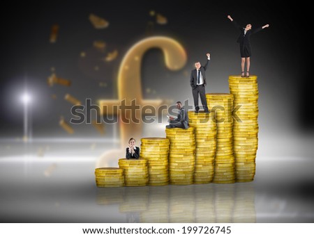 Composite image of business people on pile of coins against golden pound sign
