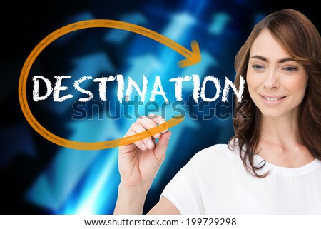 Businesswoman writing the word destination against blue arrows on black background