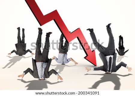 Businessmen burying their heads against red arrow pointing down