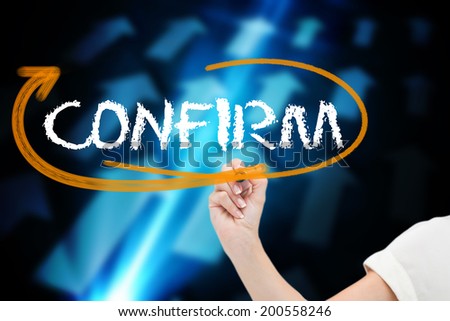 Businesswoman writing the word confirm against blue arrows on black background