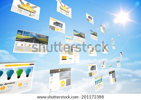Digital composite of screens showing business advertisement in blue sky
