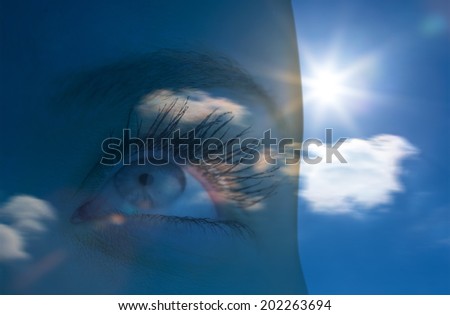 Close up of female blue eye against bright blue sky with clouds