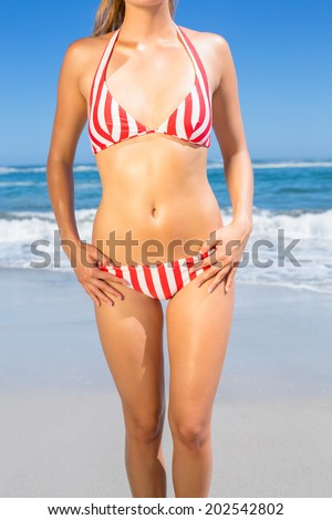 Mid section of fit woman in bikini on the beach on a sunny day