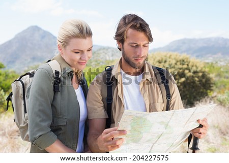 Attractive hiking couple reading the map on mountain trail on a sunny day
