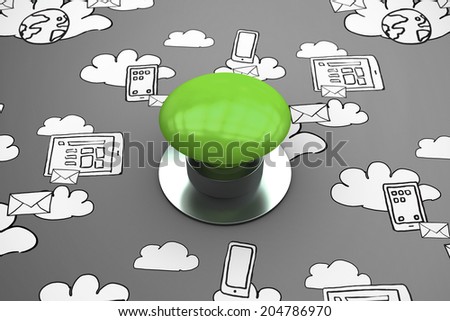 Digitally generated green push button against grey vignette