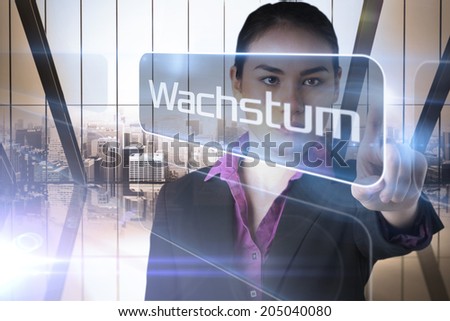 Businessman presenting the word growth in german against room with large window looking on city