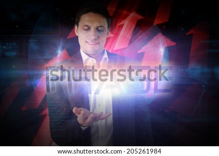Businessman presenting the word phase against shiny red arrows on black background