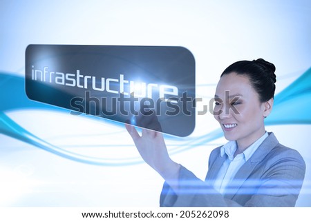 Businesswoman pointing to word infrastructure against abstract blue line son white background