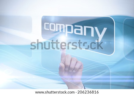 Businessman pointing to word company against futuristic blue and white background