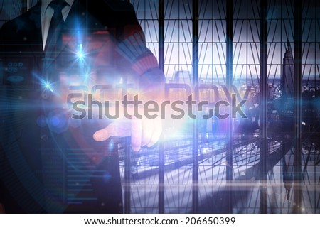 Businessman presenting the words act now against room with large window looking on city