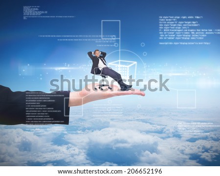 Businessman relaxing in swivel chair against blue sky over clouds at high altitude