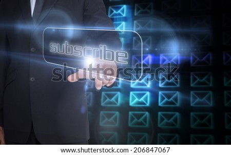 Businessman pointing to word subscribe against glowing envelopes on black background