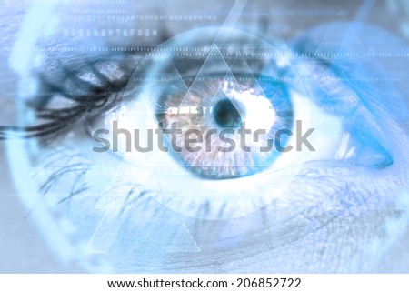 Composite image of close up of female blue eye against triangle design