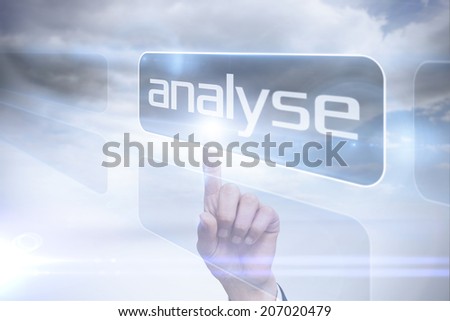 Businessman pointing to word analyse against cloudy sky