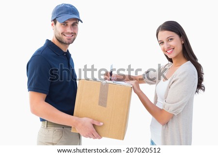 Happy delivery man with customer on white background Happy delivery man with customer on white background