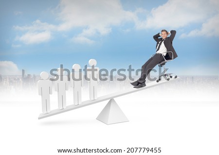 Scales weighing relaxed businessman and stick men on blue sky background