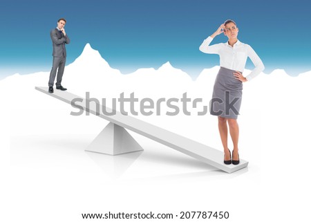 White scales weighing businessman and businesswoman on blue and white background