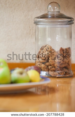 Counter top with cookies and fruit at home in the kitchen