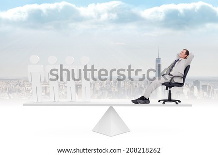 Scales weighing businessman on swivel chair and stick men against cityscape