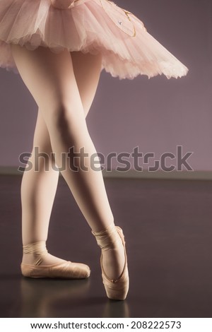 Ballerina standing in pink tutu in the ballet studio