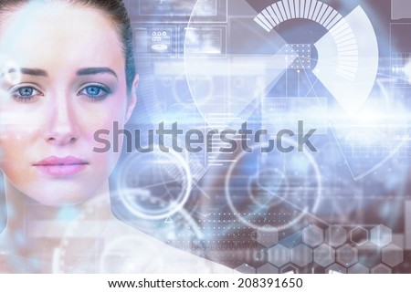 Composite image of natural beauty posing against technology interface