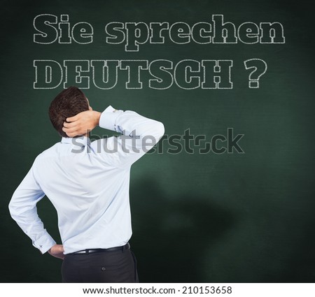 Thinking businessman scratching head against green chalkboard, Do you speak German?