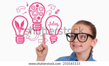 Cute pupil pointing against idea and innovation graphic