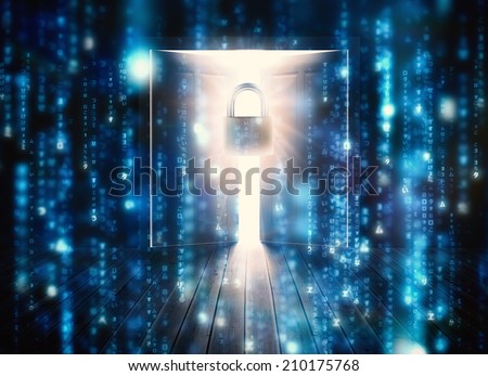 Lines of blue blurred letters falling against padlock guarding door to bright light