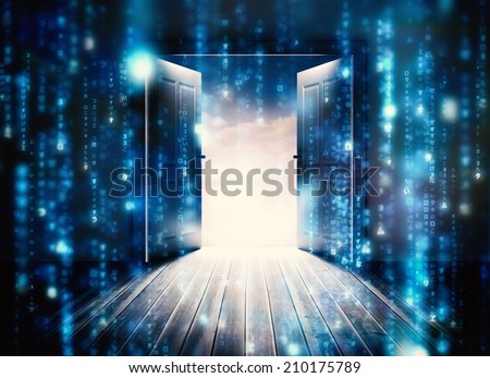 Doors opening to reveal beautiful sky against lines of blue blurred letters falling