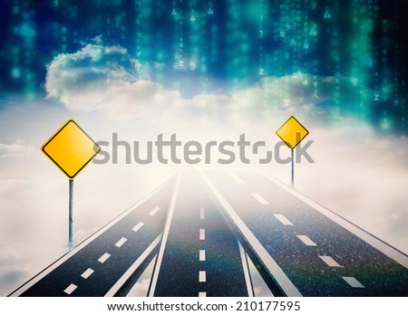 Road over clouds with road signs on it against lines of blue blurred letters falling