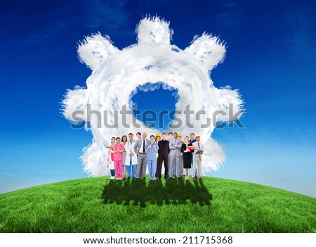 Composite image of smiling group of people with different jobs against cloud cog