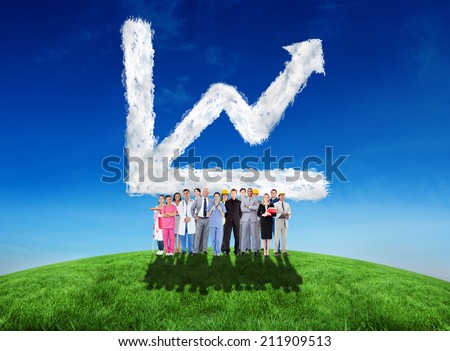 Composite image of smiling group of people with different jobs against cloud graph