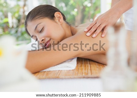 Beautiful brunette enjoying a back massage at the health spa