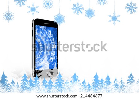 Snowflakes and fir trees against binary code on smartphone screen