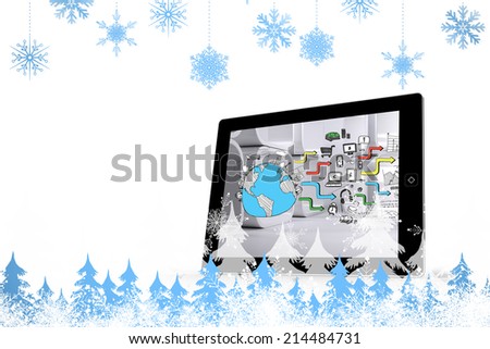Snowflakes and fir trees against earth brainstorm on tablet screen