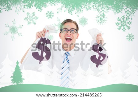 Geeky happy businessman holding bags of money against snowflakes and fir tree in green