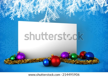 Composite image of poster with baubles against blue snowflake design