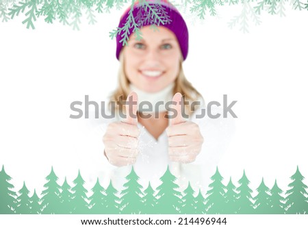 Animated woman with thumbs up and hat smiling at the camera against frost and fir trees in green
