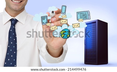 Businessman writing on camera with a black marker pen against digitally generated black server tower