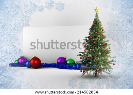 Composite image of poster with christmas tree against blue and white snowflake design