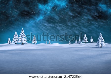 White snowy landscape with fir trees against aurora night sky in blue